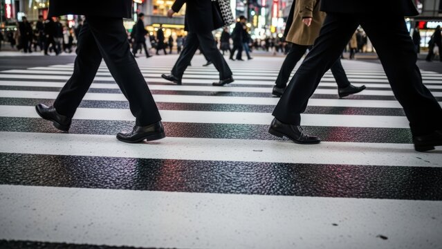 Low-angle view of people's legs crossing a pedestrian crosswalk.