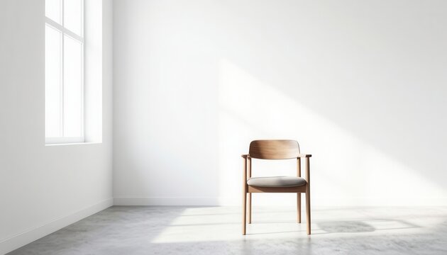 minimalist wooden chair in bright empty white room with natural sunlight and shadow play