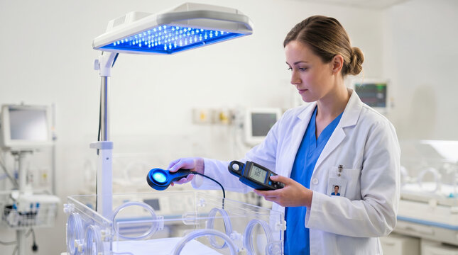 Biomedical engineer testing phototherapy equipment in neonatal intensive care unit