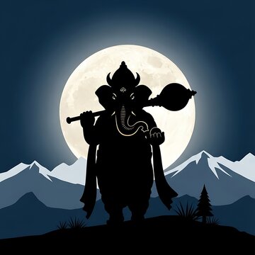 Ganesha silhouette moon mountain.