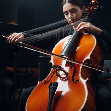 Motion blur follows a bow across a polished cello, captured with dramatic shadows and cinematic lighting in a dark, moody orchestral space, musical instrument, rhythm, symphonic