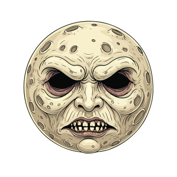 Moon with a Scary Face Illustration.