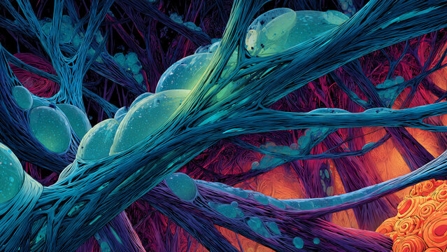 Vibrant digital artwork of glowing neural networks with teal and magenta fibers, abstract synaptic connections, cinematic lighting, concept for