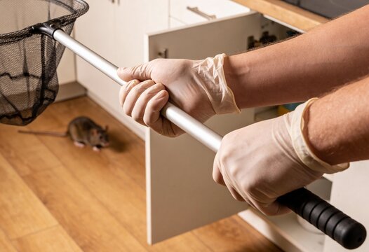 Gloved hands hold a long-handled net, prepared to catch a rat scurrying across a clean wooden kitchen floor near cabinets.