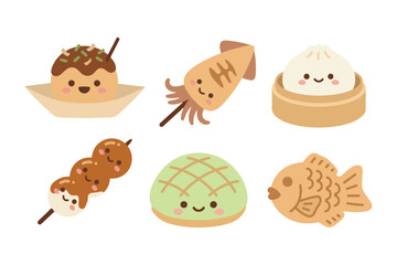 Naklejka premium Kawaii Japanese Street Food Vector Illustration Set. Takoyaki, Taiyaki, Dango, Melonpan, and Grilled Squid