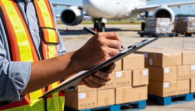 A logistics worker in a safety vest checks documents on a clipboard with an airplane and cargo boxes in the background at an airport.