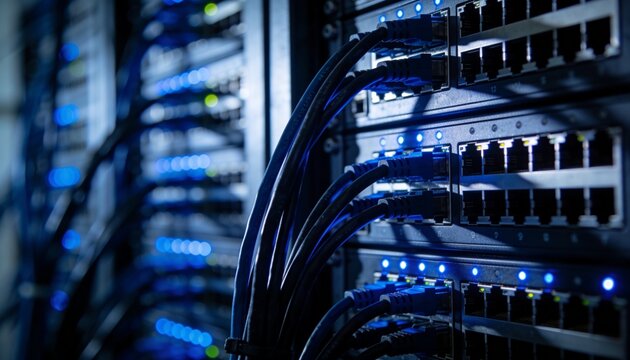 A close-up view of network cables connected to switches in a server rack, illuminated by glowing blue and green indicator lights, showcasing essential data center infrastructure.