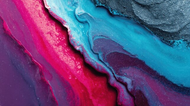 Vibrant streams of liquid pigment flow together creating abstract geological stratification