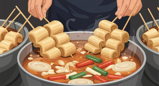 Vector illustration of Korean eomuk tang fish cake skewers in a steaming broth with scallions, red peppers, and garlic in a metal pot held by human hands at a street market.