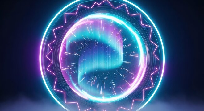 Futuristic Neon Circular Portal with Glowing Rings and Cyan Vortex Background