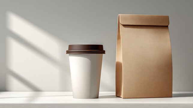 Disposable beverage container and brown paper takeout bag rest on a clean surface with dramatic daylight shadows.