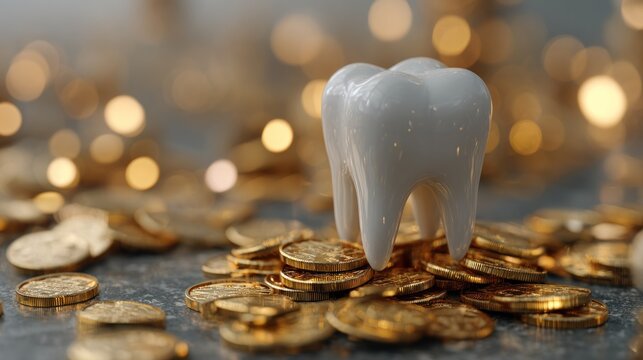 White molar sits atop a heap of gleaming metallic currency pieces with soft background illumination