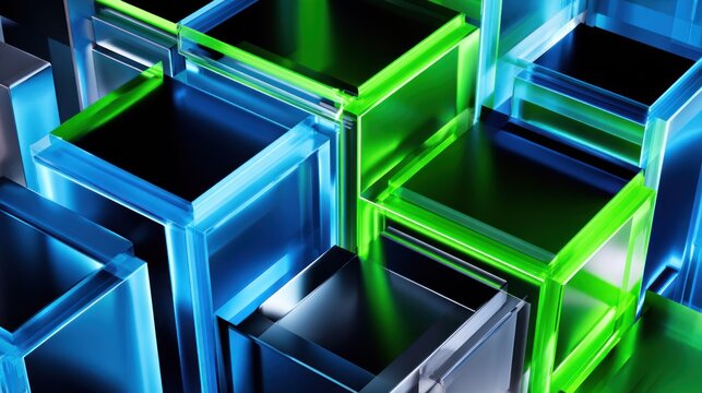 Glowing translucent geometric blocks stack in a complex three dimensional formation