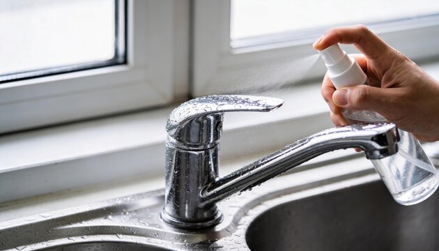 Sanitizing kitchen faucet handle with cloth wiping shiny chrome fixture near window