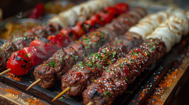 Juicy grilled meat skewers with tomatoes and onions sizzling over smoky barbecue, sprinkled with herbs and spices, ideal for summer cookout ads or restaurant menu designs.