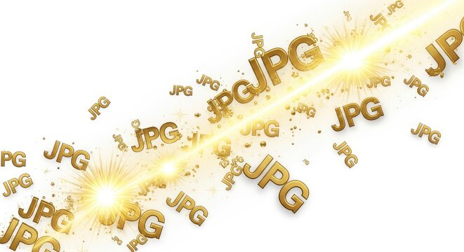 Abstract 3D Golden JPG File Format Icons Floating on White Background with Bright Lens Flares