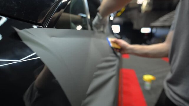 Applying matte vinyl wrap on a car body panel in a workshop. Automotive detailing process with protective film installation, smooth matte finish and precision work.