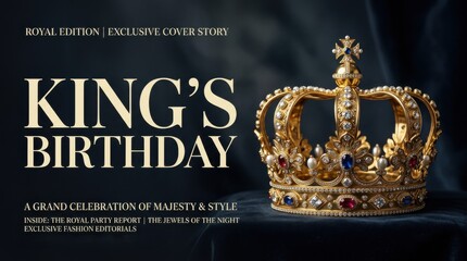 King's Birthday royal edition magazine cover, golden crown with jewels on dark velvet, majestic celebration of royalty and style