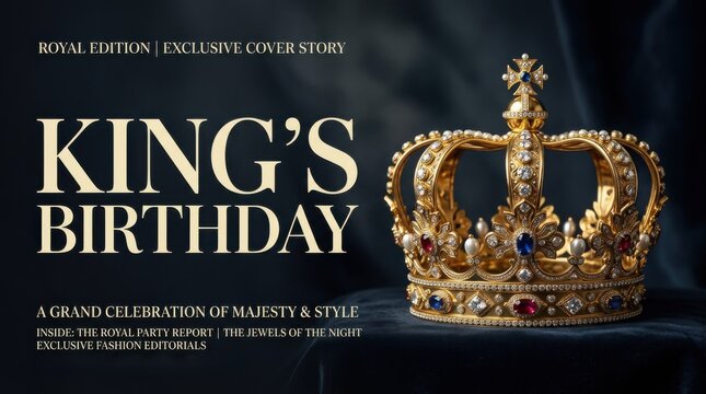 King's Birthday royal edition magazine cover, golden crown with jewels on dark velvet, majestic celebration of royalty and style