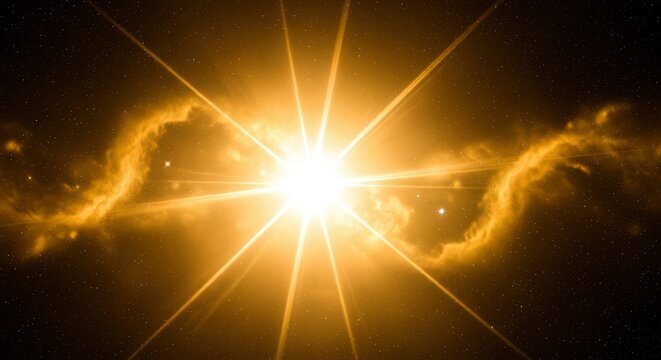 Radiant golden star with bright diffraction spikes and a flowing nebula in a deep space background