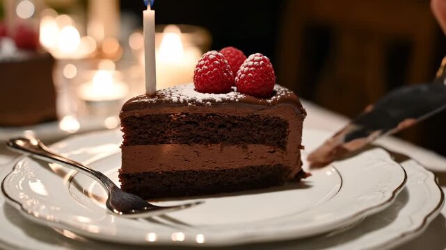 A decadent slice of rich chocolate mousse cake crowned with fresh raspberries and a single burning birthday candle sits serenely on a porcelain plate, ready to be shared during a festive