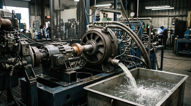 Medium shot capturing factory test stand with water brake system showing mechanical components under water resistance for load testing and efficiency assessment.