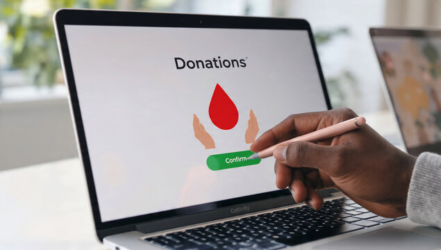Close-up laptop screen with donation interface, red blood drop icon, hands and green confirm button clicked by stylus
