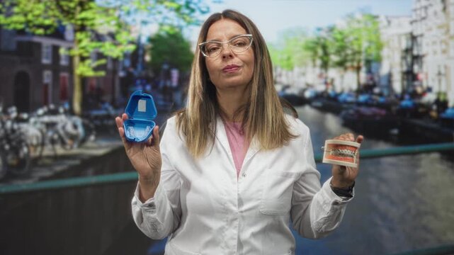 Woman dentist displays a blue clear aligner case and a dental model while wearing a lab coat on a city street; confidence dental care.