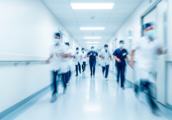 Obraz premium Abstract motion blur of white and blue medical uniforms racing down a bright hospital hallway, illustrating speed and emergency atmosphere, blue, healthcare, streaked