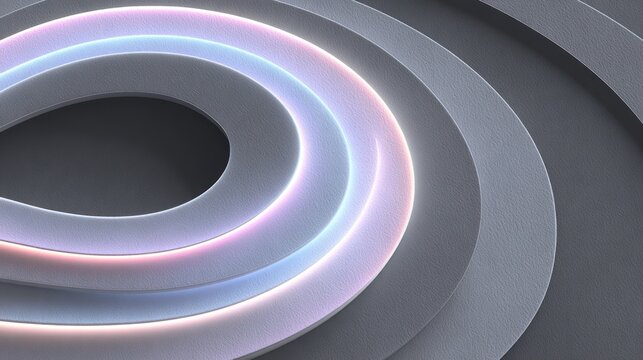 Illuminated concentric layered shapes curve gracefully across a dark textured background