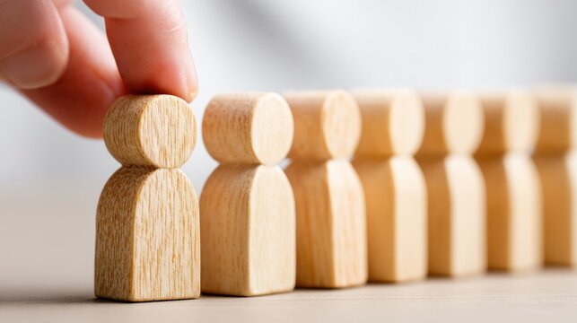 Human hand carefully selects one wooden figurine from a line of identical figures