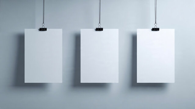 Three blank white paper sheets hanging from black binder clips on grey background, minimalist mockup, perfect for graphic design, advertising and