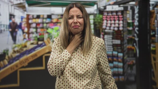 Woman clutching throat with hands in a street market aisle, grimacing and reaching for air; panic health emergency.
