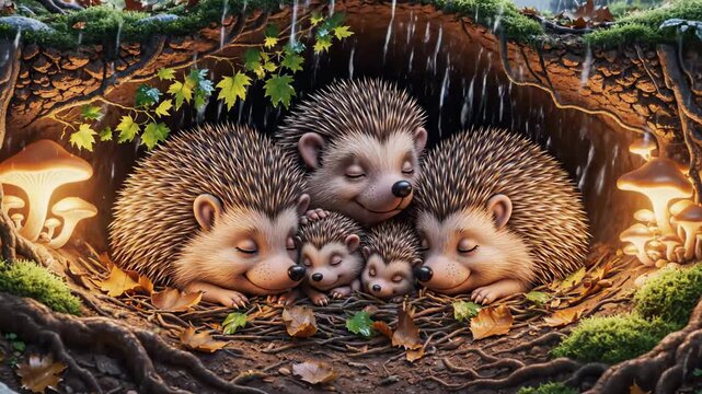 A heartwarming woodland scene depicts a cozy, napping family of hedgehogs nestled together amidst lush foliage and gentle rainfall, illuminated by the soft glow of luminous mushrooms, evoking