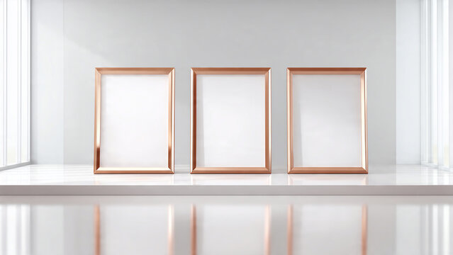 Three empty rose gold frames on white shelf with soft reflections, clean mockup, suitable for art display, gallery