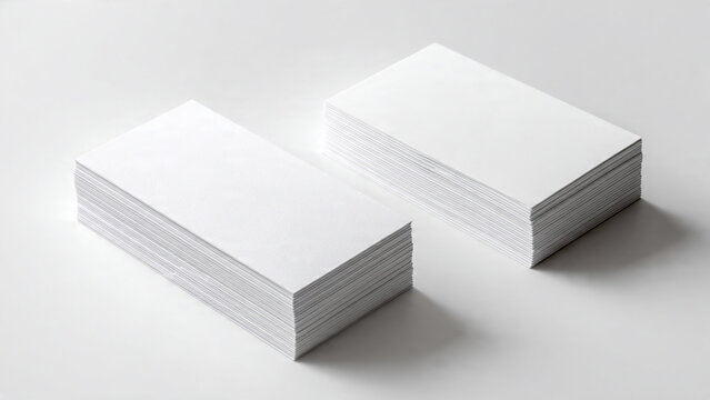 Two stacks of blank white business cards with textured paper finish, diagonal top-down view, clean shadows, isolated on a