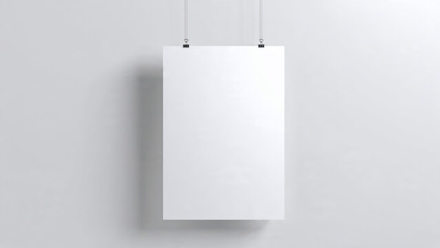 Vertical white blank poster hanging with metal clips against light grey wall, minimalist mockup template, perfect for art display, advertising design