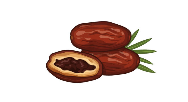 Vector illustration of dried brown dates isolated on a white background, featuring two whole fruits and one halved date showing the interior texture, with green palm leaves in back.