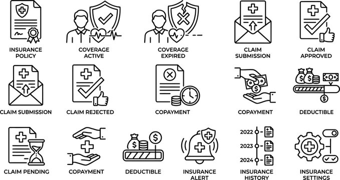 Set of insurance and medical claim line icons.