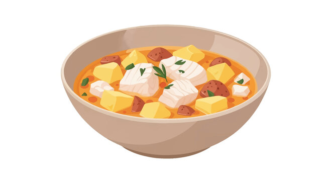 Vector illustration of a hearty seafood fish chowder in a beige ceramic bowl isolated on white background. Features white fish chunks, potatoes, savory orange broth, and green herb garnish.