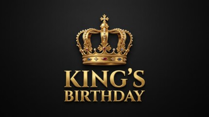 Golden royal crown on black background, King's Birthday elegant typography, luxury celebratory greeting card design with 3D metallic texture