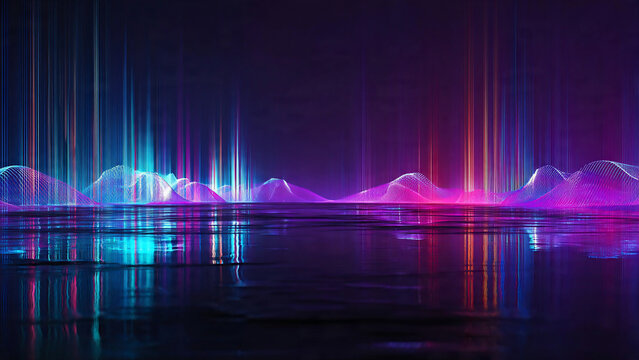 Vibrant neon light streaks and wavy patterns reflected on glossy dark surface in 3D rendering, suitable for tech backgrounds, digital ads and
