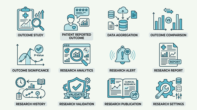 Set of medical research and clinical outcome data analysis icons.