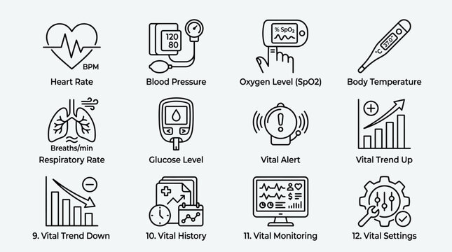 Set of medical vital signs monitoring icons in line art style.