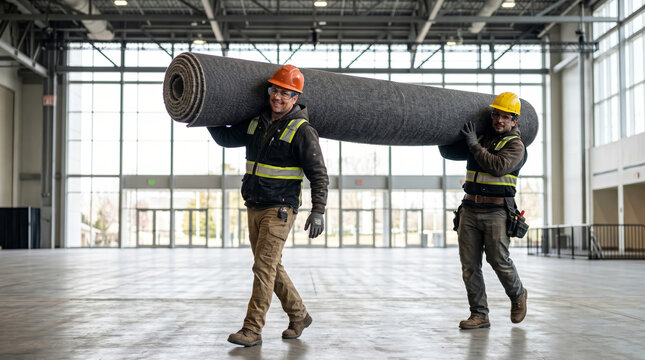 Two commercial flooring installers carrying carpet roll in large hall
