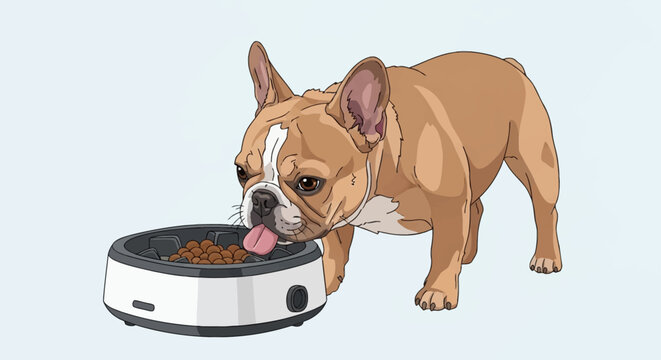 A fawn French Bulldog with white markings eating dry kibble from a black and white slow feeder bowl, showing the dog's tongue licking the food, isolated on a light blue background.