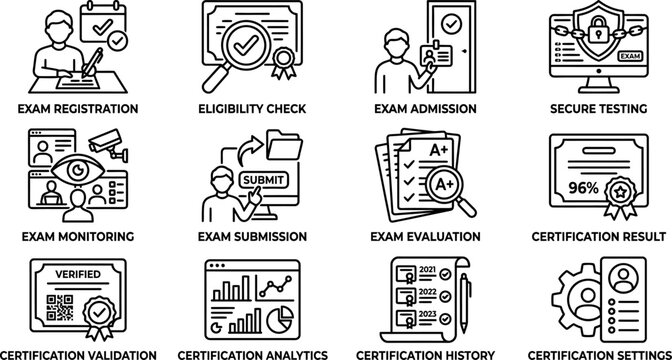 Set of line icons for online exam and certification processes.