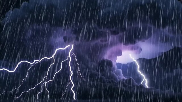 Powerful lightning strikes illuminate tempestuous, dark, dramatic storm clouds during a heavy downpour, showcasing nature's raw, electrifying fury and creating an intense, atmospheric