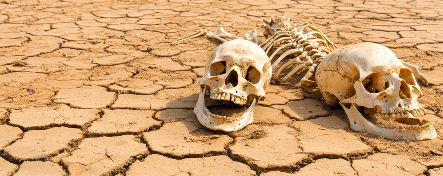Two human skulls and a skeleton lie on cracked, dry earth, symbolizing death and desolation in an arid, drought-stricken environment.