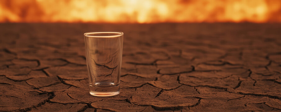  transparent glass sits empty on cracked, dry earth against a warm, blurred background, symbolizing drought and water scarcity.